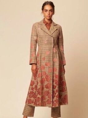 Anthropologie LA Fuori Beige Plaid Vintage Embroidered Floral Long Coat